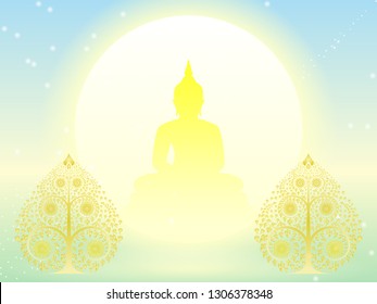 Golden Buddha statue and Golden Bodhi trees of thai tradition,greeting card,illustration vector eps10.