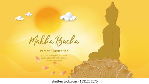 Golden Buddha statue and light candle with light of the moon background - Vector