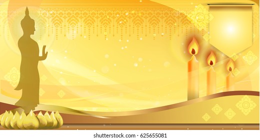 Golden Buddha statue and light candle with light gold background