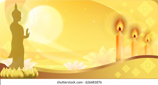 Golden Buddha statue and light candle with light of the moon background