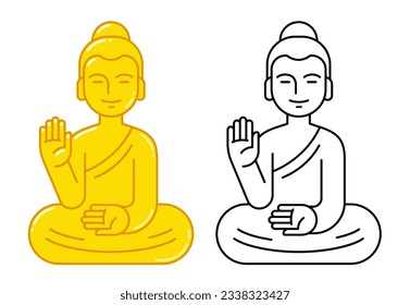 Golden Buddha statue with raised hand. Simple flat vector style icon. Buddhism religion symbol.