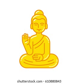 Golden Buddha statue with raised hand. Simple flat vector style icon. Buddhism religion symbol.
