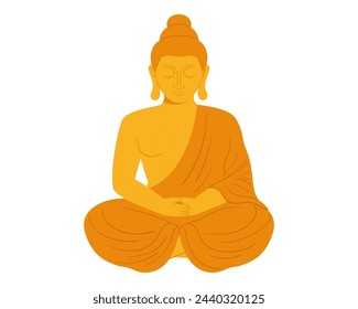 Golden Buddha statue. Sitting monk sculpture in flat vector style