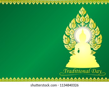 Golden Buddha statue of thai tradition on green background ,greeting card,illustration vector eps10.