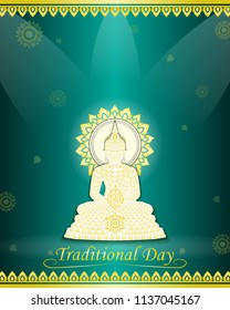 Golden Buddha statue of thai tradition on bright green background ,greeting card,illustration vector eps10.