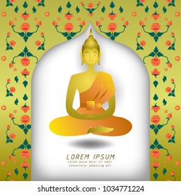 golden Buddha in temple arch with flower wallpaper behind,Buddhist holiday,vector illustration for invitation or greeting card,gradient style