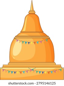 A golden Buddhist stupa vector illustration decorated with colorful triangular flags on white background