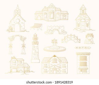 Golden buildings, chapel, hotel, cottage, bridges, lighthouse. Vector isolated architecture elements for decoration. Hand drawn gold apprtments, fountain, church, house.	