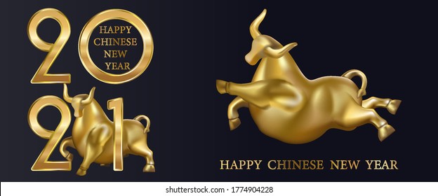 Golden bull 3D vector. 2021 Happy New Year greeting card. Celebration black background with gold Ox and place for your text. Graphic icon of Chinese Year of the Ox 2021.