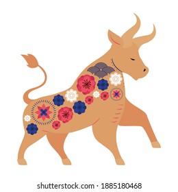 golden bull with flowers on a white background vector illustration design