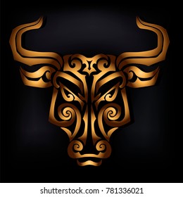 Golden bull head isolated on black background. Stylized Maori face tattoo. Golden bull mask. Golden Taurus. Vector illustration.