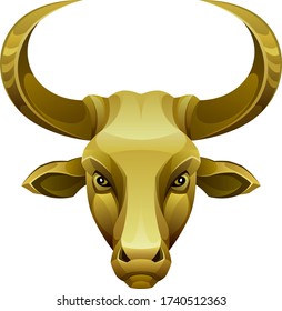 Golden bull head on a white background
