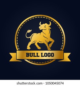 Golden bull icon design template. Gold bull with ribbon and round frame on black background
