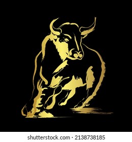 Golden bull. illustration brush stroke painting over black background