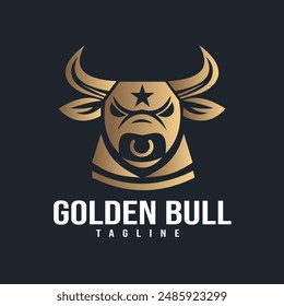 Golden Bull logo gold gradient style bull head. has sharp horns and a ring on his nose, a star on his forehead for business related to finance, investments, sports teams