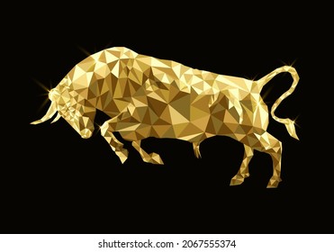 Golden bull made from triangles. Vector, emblem, mascot, gold glitter, ornate.