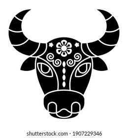 Golden bull symbol of 2021. Card with bull head with pattern. Symbol of prosperity in Chinese tradition. Illustration for calendar. Lunar horoscope sign. Asian Traditional greeting card. Flat Vector.