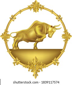 A golden bull.gold frame.Statue on a white background