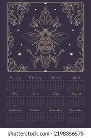 Golden bumblebee, stars and leaves on a dark background, vintage style. Magic calendar 2023. Halloween, witchcraft, astrology, mysticism. 12 months of 2023