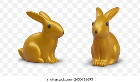Golden bunny in sitting position. 3D object, view from different angles