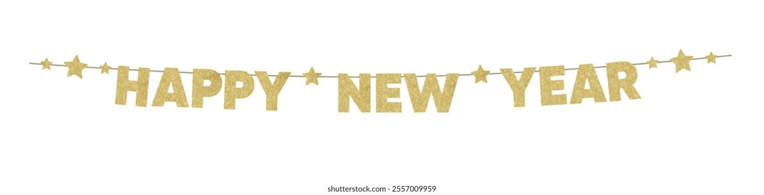 Golden bunting garland, Happy New Year text and glittering stars. Festive party decoration. isolated on transparent background. Winter holiday, New Years Eve web banner, overlay. Vector illustration