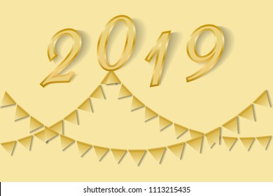 Golden Bunting for happy new year 2019 greeting card. Celebration flags. Vector illustration EPS10