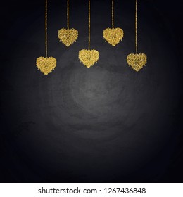 Golden bunting hearts on blackboard. Valentine day vector illustration