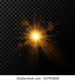 Golden burst, light effect on transparent background, vector