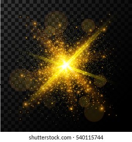 Golden burst, light effect on transparent background, vector