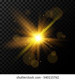 Golden burst, light effect on transparent background, vector