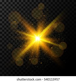 Golden burst, light effect on transparent background, vector