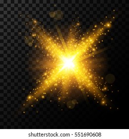 Golden burst, light effect on transparent background, vector