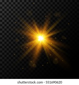 Golden burst, light effect on transparent background, vector
