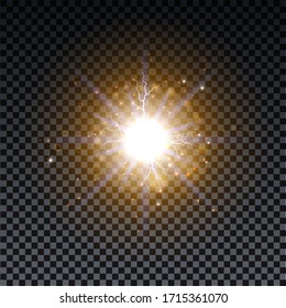 Golden burst with sparkle rays and lens flare effect. Glowing stars. Golden glitter bokeh lights and burst of magical dust particles. Vector illustration