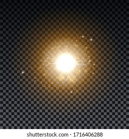 Golden burst with sparkle rays and lens flare effect. Glowing stars. Golden glitter bokeh lights and burst of magical dust particles. Vector illustration