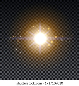 Golden burst with sparkle rays and lens flare effect. Glowing stars. Golden glitter bokeh lights and burst of magical dust particles. Vector illustration