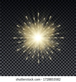 Golden burst with sparkle rays and lens flare effect. Glowing stars. Gold glitter bokeh lights and burst of magical dust particles and spark. Vector illustration