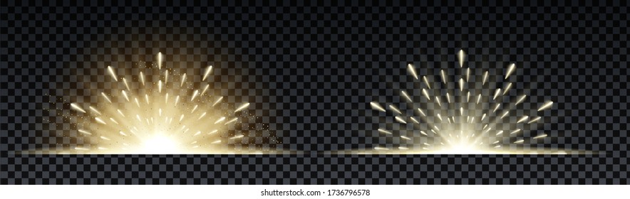 Golden burst with sparkle rays and lens flare effect. Glowing stars. Golden glitter bokeh lights and burst of magical dust particles. Vector illustration