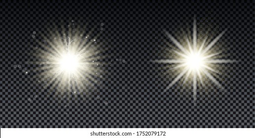 Golden burst with sparkle rays and lens flare effect. Glowing stars. Golden glitter bokeh lights and burst of magical dust particles. Vector illustration