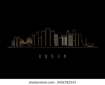 Golden Busan skyline silhouette. S Busan, South Korea architecture. Golden cityscape with landmarks. Business travel concept.