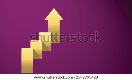 Golden Business Arrow Pointing up Zig Zag Rising up Indicating Progress, and Improving Profits with Purple background
