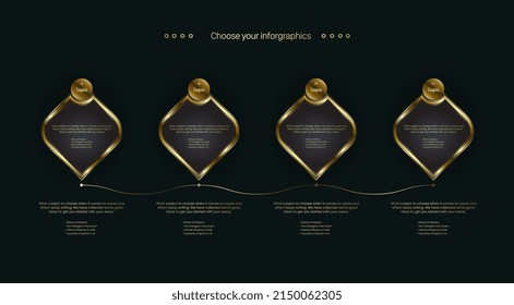 The golden Business buttons charts with Four Timeline Process Chart Infographics design on dark background Template. vector, illustration