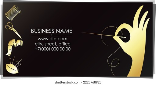 Golden business card design for seamstress and sewing workshop