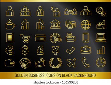 Golden Business Icons on Black Background.