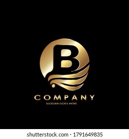 Golden Business Initial B Logo Letter, Elagance Wave Wing Bird with negative space letter B  template design concept.