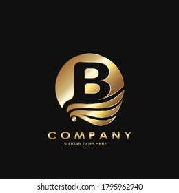 Golden Business Initial B Logo Letter, Elagance Wave Wing Bird with negative space letter B  template design concept.