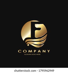 Golden Business Initial F Logo Letter, Elagance Wave Wing Bird with negative space letter F  template design concept.