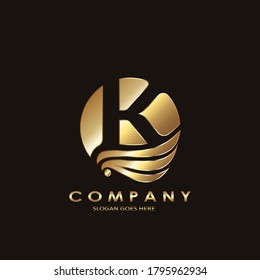 Carta con el logotipo Golden Business Inicial K, Elagance Wave Wing Bird con el concepto de diseño de plantilla K con letra de espacio negativa.