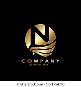 Golden Business Initial N Logo Letter, Elagance Wave Wing Bird with negative space letter N template design concept.