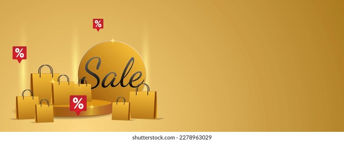 golden business promotion decoration with shopping bag and podium for sale banner with space for text